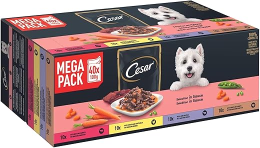 Cesar Selektion in Sauce Premium Hunde Nassfutter im Portionsbeutel 4 Varietäten 40x100g