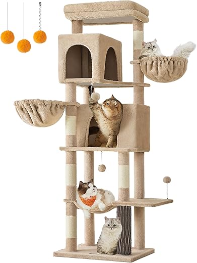 Feandrea Kratzbaum, 175 cm hoch, XL, mehrstöckiger Katzenbaum mit 2 Höhlen, 2 Liegemulden, 5 Kratzsäulen, Katzenbürste, große Plattform, Kamelbraun PCT182K01
