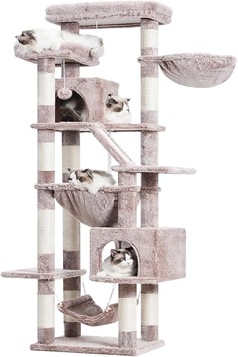Heybly Kratzbaum, 180 cm Hoher Katzenturm für Wohnungskatzen mit 2 Plattformen, 2 Großen Schlafhäusern, 2 Hängematten, Korb und Kratzbrett, Großes Katzenmöbel mit Schlafplatz, Braun-beige HCT034MU