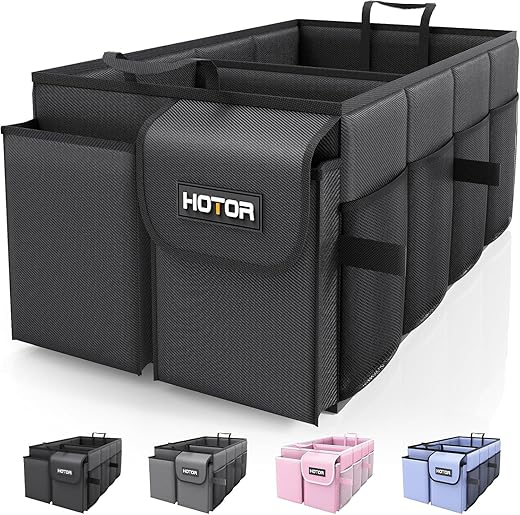 HOTOR Kofferraum Organizer – Faltbarer Auto Kofferraum Organizer mit 2 Fächern, Stabiler Auto Organizer für SUVs, Schwarzer Kofferraumtasche Verstärkt und Stabil Faltbox, 54.1 x 32.0 x 26.9 cm