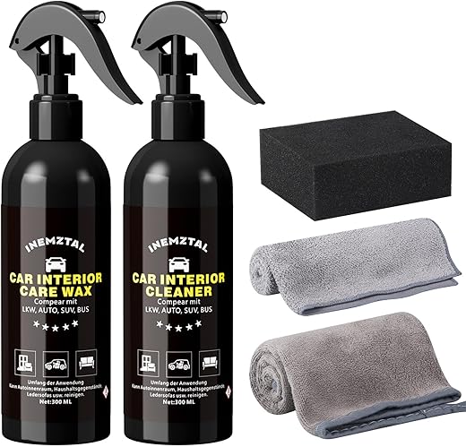 Profi Innenraumreiniger Set Auto,Porentiefe Reinigung Aller im Fahrzeug verbauten Materialien,Enthält 300ml Innenraum Reiniger 300ml Innenraumpflege Wachs-Professionelle Gewachste Tücher Mikrofasertuc