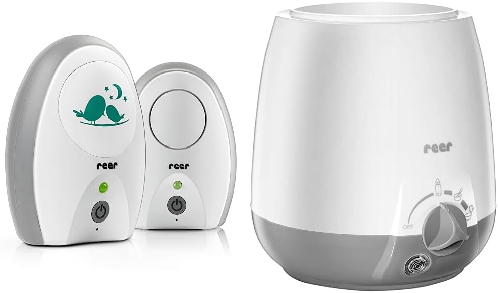 reer 50040 Babyphone Neo Digital – 100% abhörsicher, strahlungsarm & Babykostwärmer Simply Hot für Fläschchen und Gläschen, mit Warmhaltefunktion, Weiß/Grau, 1 Stück (1er Pack)