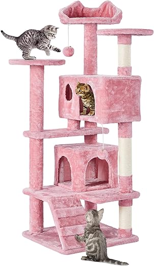 Yaheetech Kratzbaum Kletterbaum 139 cm hoch Katzenkratzbaum, Stabiler Katzenbaum mit 3 Plattformen, 3 Kratzsäulen, 2 Höhle, Plüschbälle Katzenmöbel, Rosa