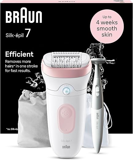 Braun Silk-épil 7, Epilierer Damen, Haarentferner für langanhaltende Haarentfernung, Inkl. Bikinitrimmer (Haartrimmer Intimbereich), 7-210, Weiß, Rosa
