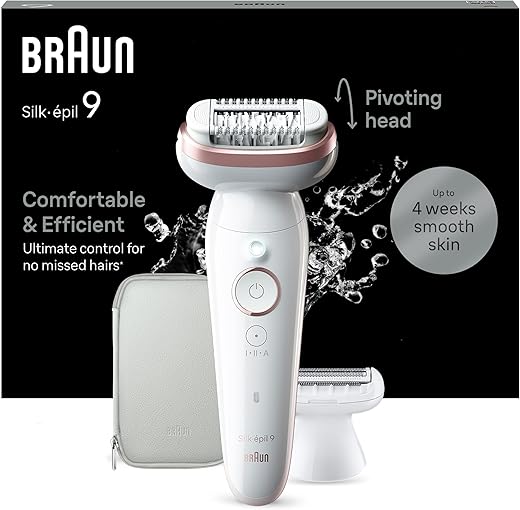 Braun Silk-épil 9 Epilierer Damen, Schwenkbarem Kopf für eine Einfache Haarentfernung, Wet&Dry, Langanhaltend Seidig-glatte Haut, Ladyshaver, Rasieraufsatz und Trimmeraufsatz, SES9-030, Weiß, Rosa