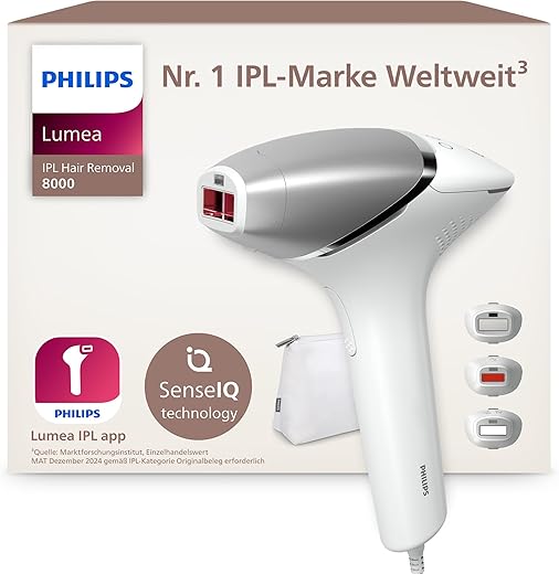 Philips Lumea IPL 8000 Series Haarentfernungsgerät mit SenseIQ Technologie – Alternative zur Laserhaarentfernung – 3 Aufsätze für Körper, Gesicht & Präzisionsbereiche (BRI946/00)