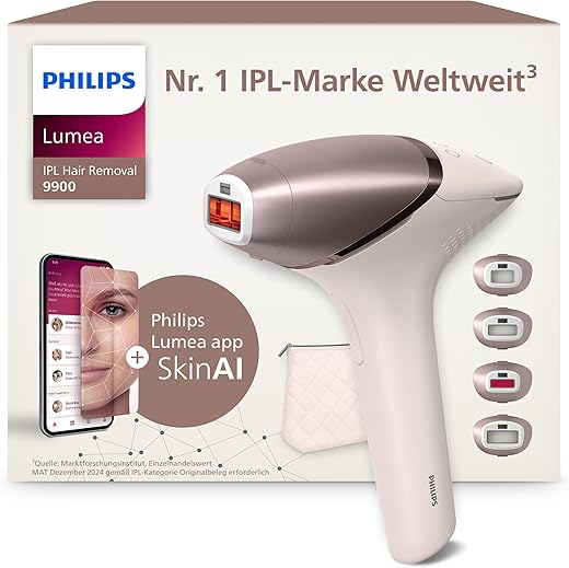 Philips Lumea IPL 9900 Series Haarentfernungsgerät mit SenseIQ & SkinAI Technologie – Alternative zur Laserhaarentfernung – 4 Aufsätze für Körper, Gesicht, & Präzisionsbereiche, kabellos (BRI951/00)