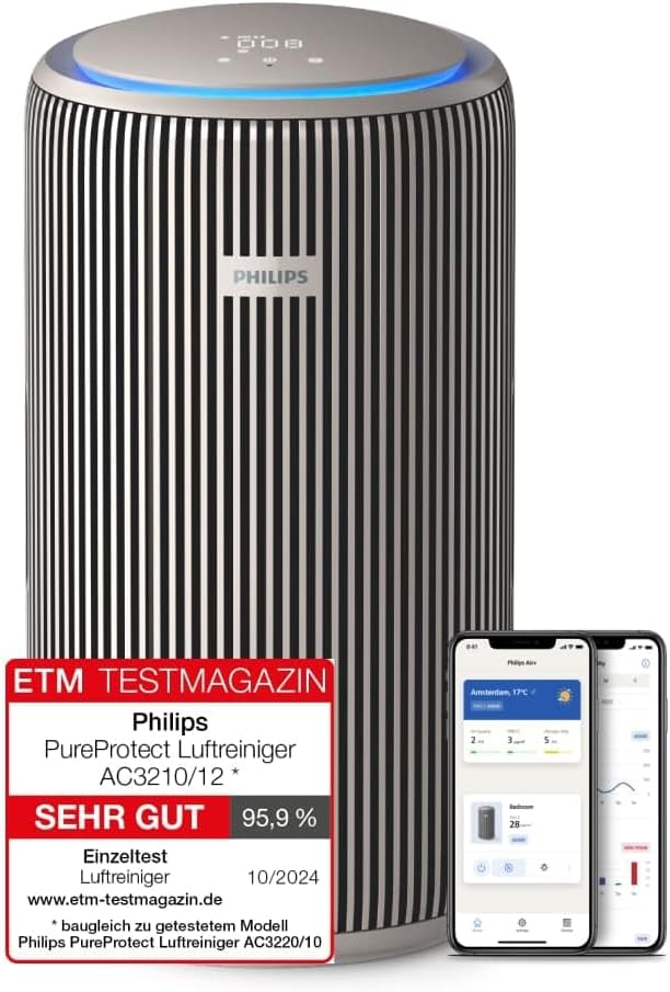 Philips PureProtect 3200 Serie: Intelligenter Luftreiniger, HEPA- und Aktivkohlefilter, CADR 500 m?/h fŸr 130 m?, besonders leise und energieeffizient, erfasst 99,97% Allergene (AC3210/12)