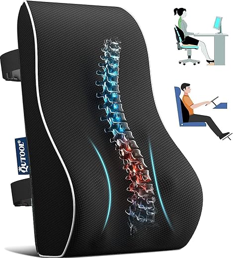 Qutool Rückenkissen aus Memory Foam, Lendenkissen für Bürostuhl, Gaming-Stuhl, Rückenstütze für Schreibtischstuhl Lendenwirbelkissen mit Doppelte Verstellbare Riemen, Netzabdeckung (Schwarz)