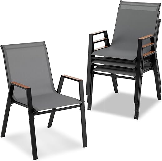 COSTWAY Gartenstühle stapelbar 4er Set, Stapelstühle, Terrassenstühle mit Armlehnen, Balkonstühle bis 180 kg belastbar, 56 x 66 x 88 cm, Grau