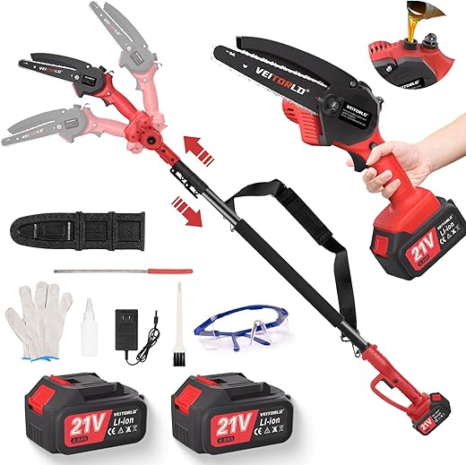Veitorld Akku Kettensäge Teleskop, 6 Zoll Mini Kettensäge mit Abnehmbaren Teleskopstange (130-245 cm), Elektrische Chainsaw mit Akku 2 x 4000mAh, Optimierter Motor Akku Astsäge, Automatisches Ölsystem