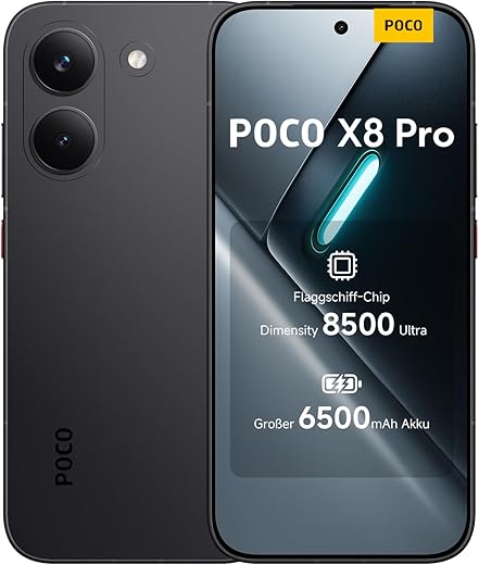 XIAOMI Poco X8 Pro Smartphone 8GB+256GB, Dimensity 8500-Ultra Prozessor, 6500mAh Akku, Ultra-helles AMOLED Display, 50MP Sony IMX882 Hauptkamera mit OIS, Schwarz, 3 Jahre Garantie